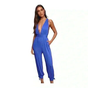 Lulus NWT Lolinda Royal Blue Convertible Halter Cropped Harem Leg Jumpsuit  S